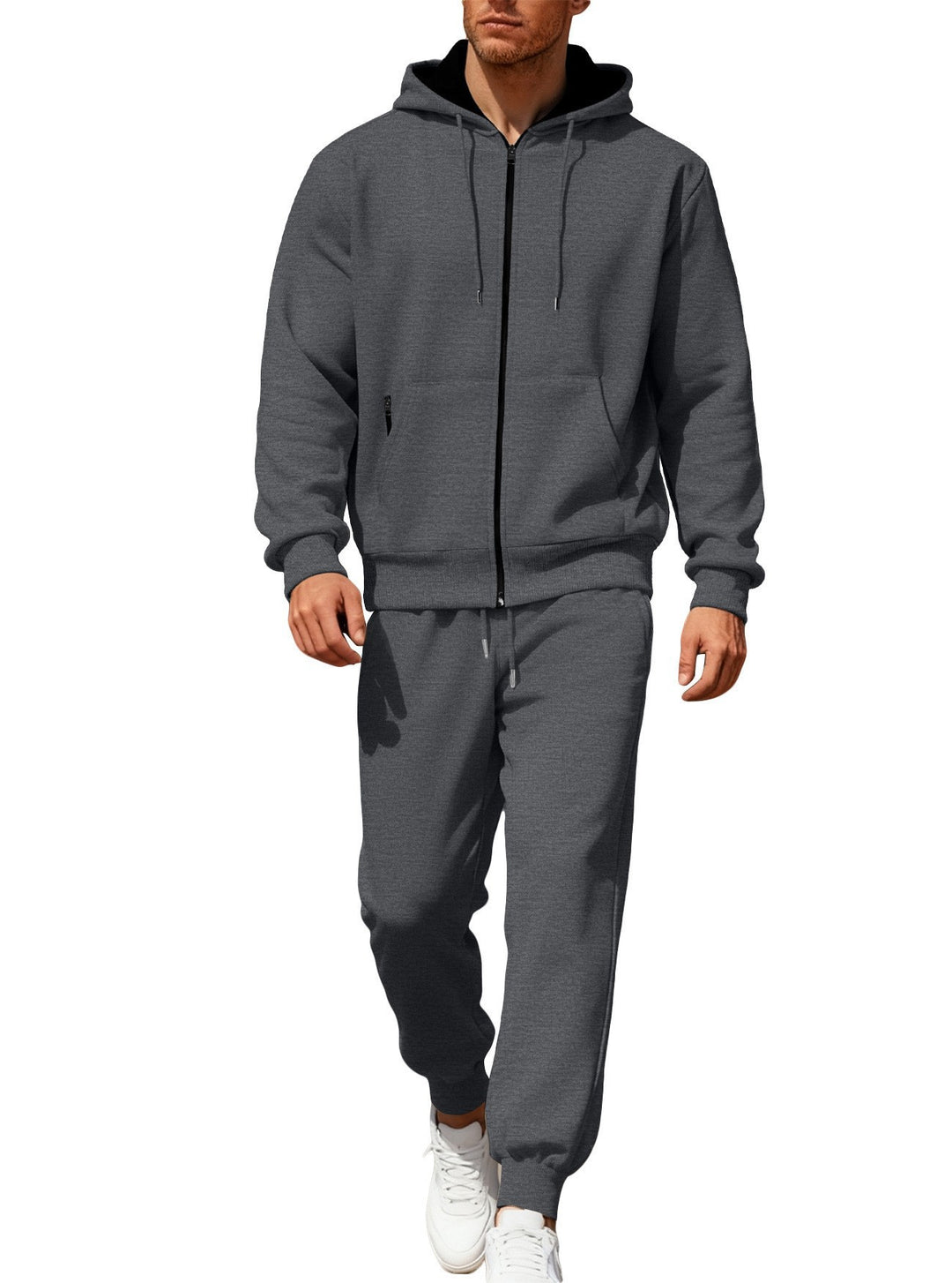 Men's hooded sweatshirt set with full zipper, kangaroo pocket, and tapered joggers with zip pockets StylebySassy