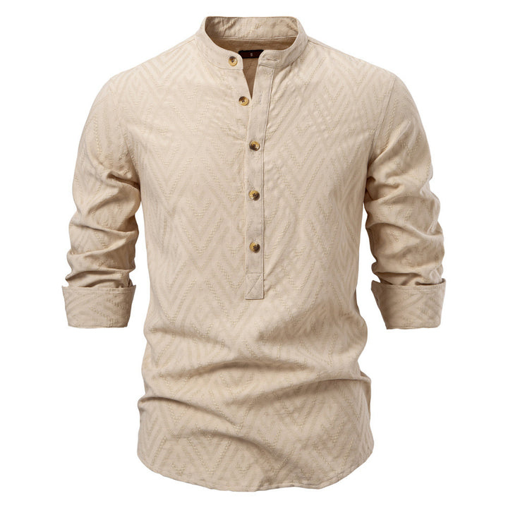 Men's jacquard shirt with stand-up collar, half button placket, and wood-look buttons StylebySassy