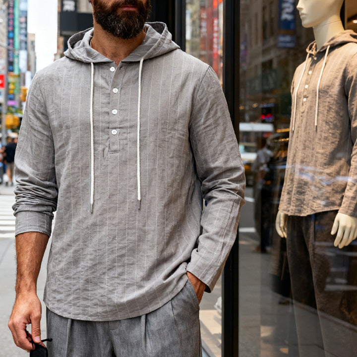 Men's linen blend hoodie shirt with half button placket and pinstripes StylebySassy