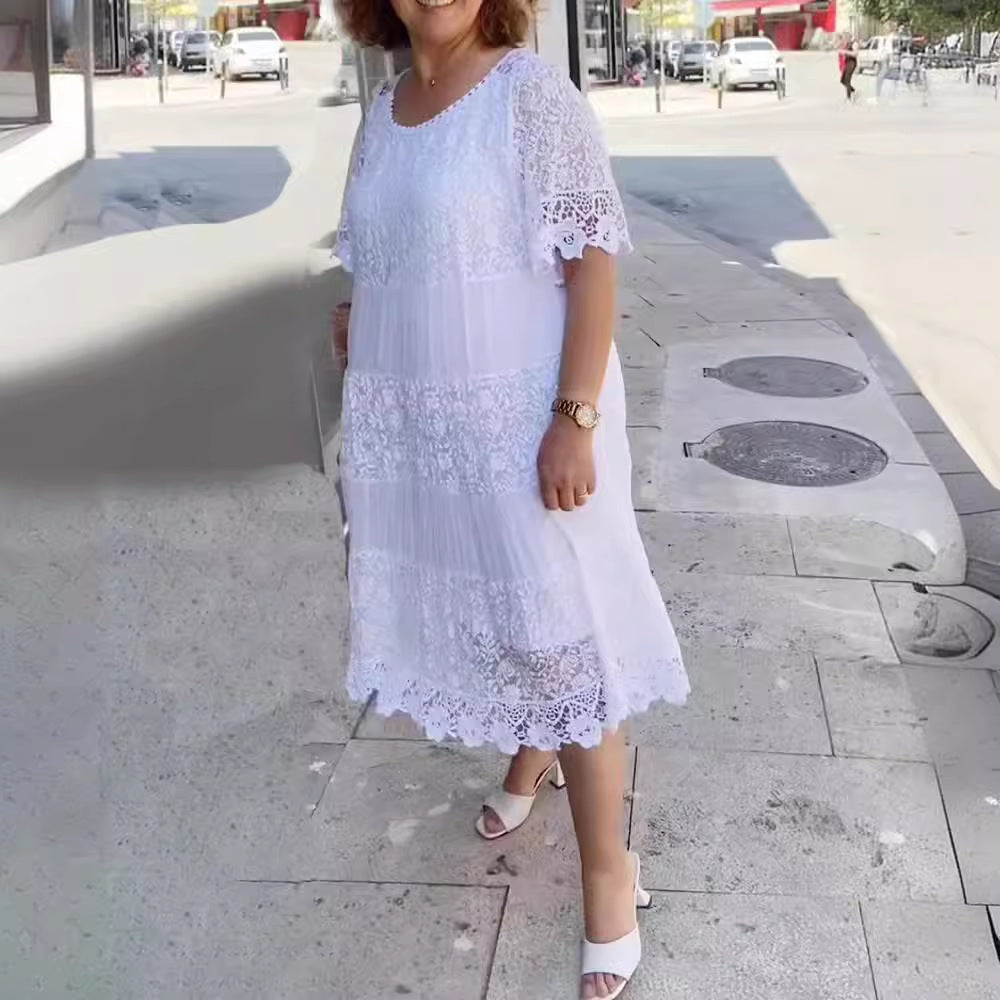 Women's midi dress with lace tiers, pleated inserts and short trumpet sleeves StylebySassy