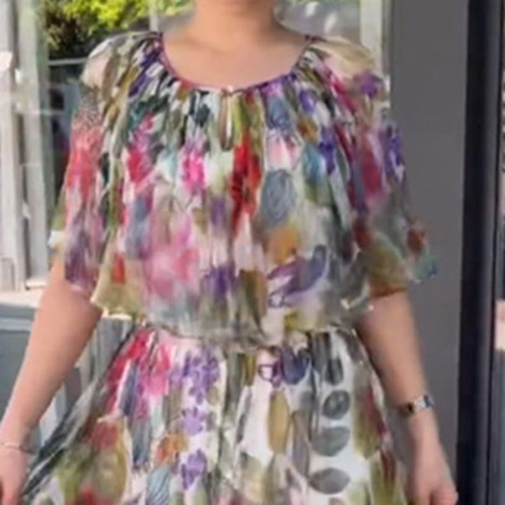 Women’s airy chiffon maxi dress with floral print, gathered round neckline and elastic waistband StylebySassy