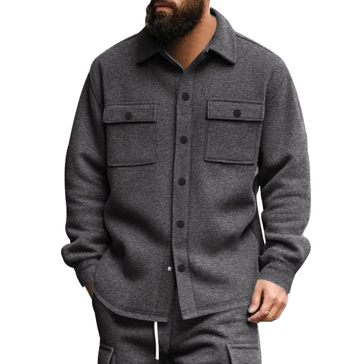 Men's sturdy wool fleece overshirt jacket with patch breast pockets and snap button placket StylebySassy