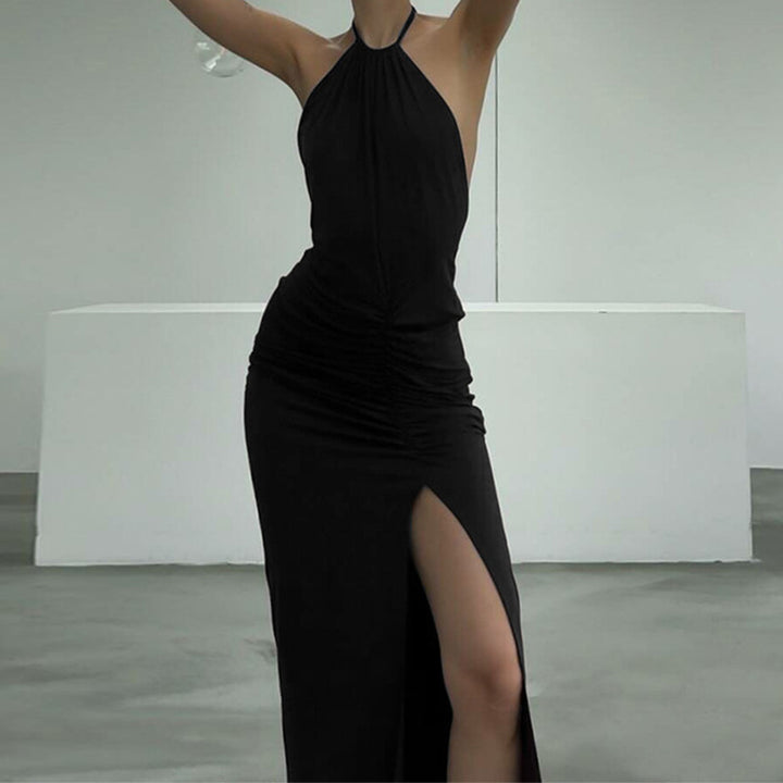 Women's Elegant Wrap Dress with Slim Halter Neck and Refined Ruffle Details StylebySassy