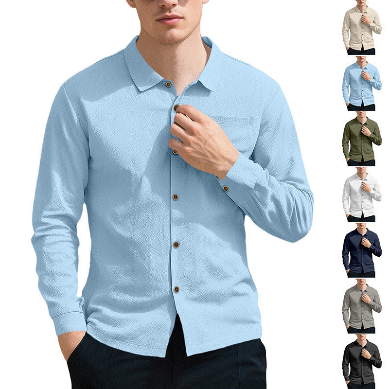 Men's casual long-sleeve shirt with Kent collar, chest pocket, and sleeve strap StylebySassy
