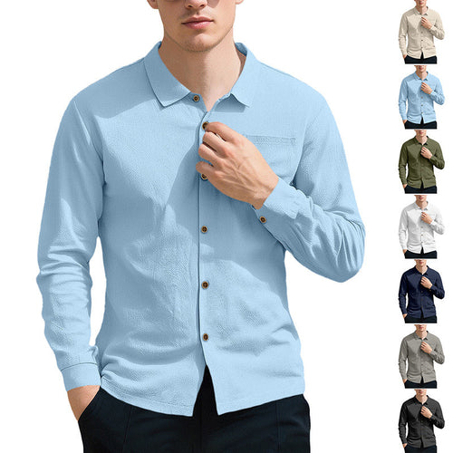 Men's casual long-sleeve shirt with Kent collar, chest pocket, and sleeve strap StylebySassy