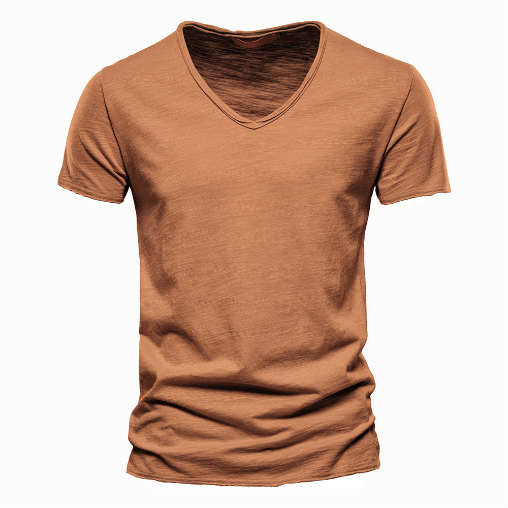 Men's light cotton jersey short-sleeve shirt with V-neck and slim fit StylebySassy
