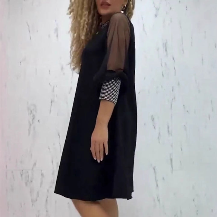 Ladies A-line short dress with transparent mesh sleeves and embellished collar StylebySassy