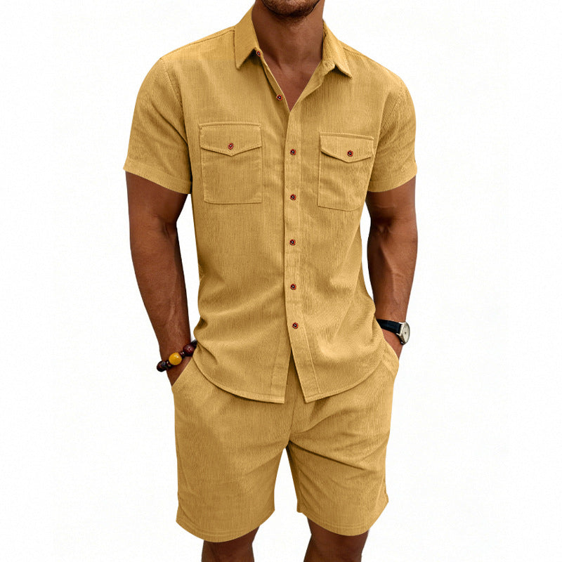 Men's structured cord leisure set with camp collar shirt and casual shorts StylebySassy