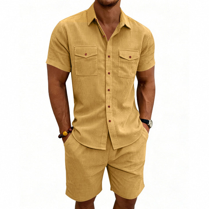Men's structured cord leisure set with camp collar shirt and casual shorts StylebySassy