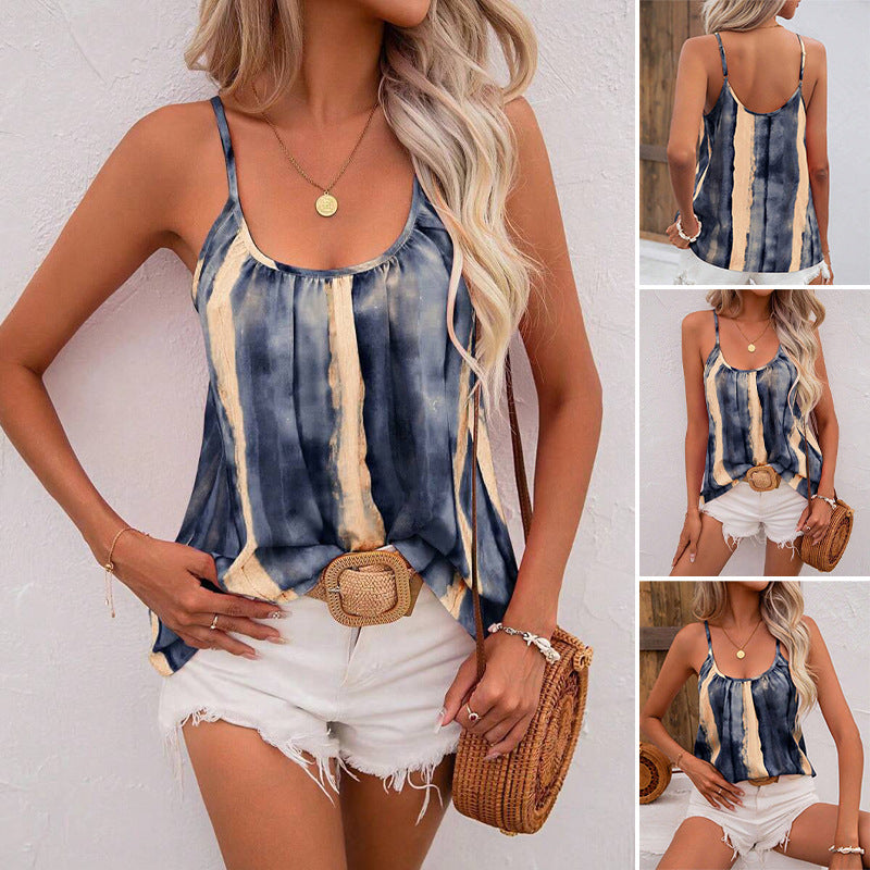Women’s airy batik spaghetti strap top with U neckline, gathering and A-line cut StylebySassy