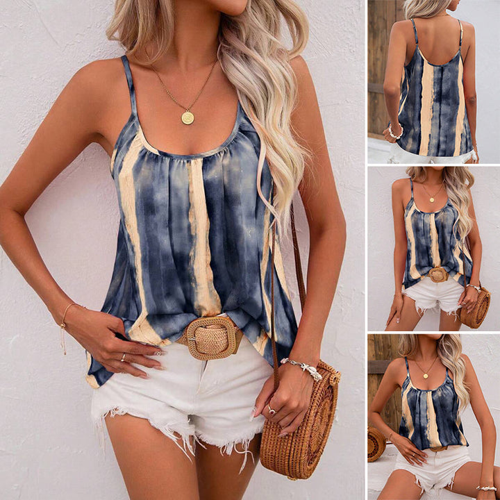Women’s airy batik spaghetti strap top with U neckline, gathering and A-line cut StylebySassy