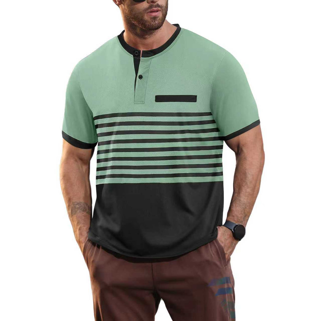 Men's short-sleeved Henley top with short button placket, chest piping, and block stripes StylebySassy