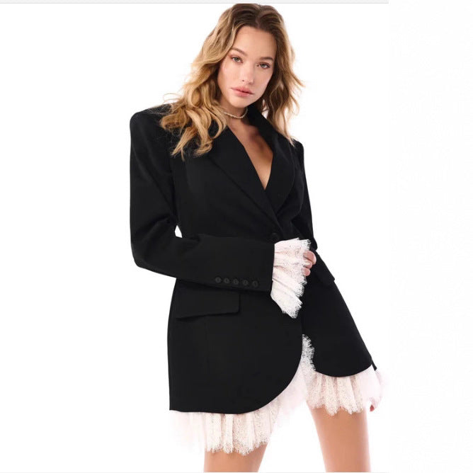 Women's longer tailored blazer coat with lapel collar and patch pockets StylebySassy