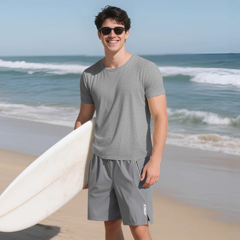 Men's melange functional T-shirt with round neck, lightweight cotton blend and breathable structure StylebySassy