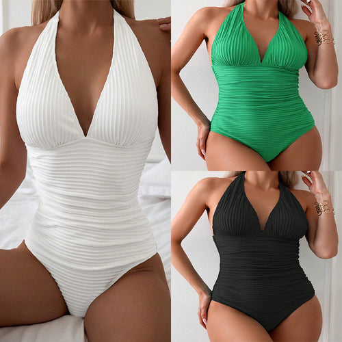 Women's one-piece swimsuit with deep V-neck and gathering