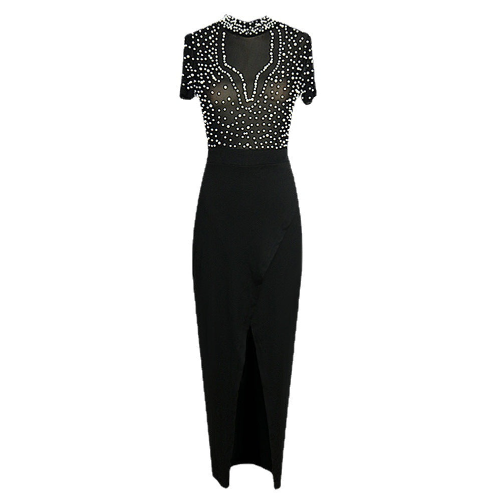 Ladies Elegant Dress with Transparent Puff Sleeves and Pearl Accents StylebySassy