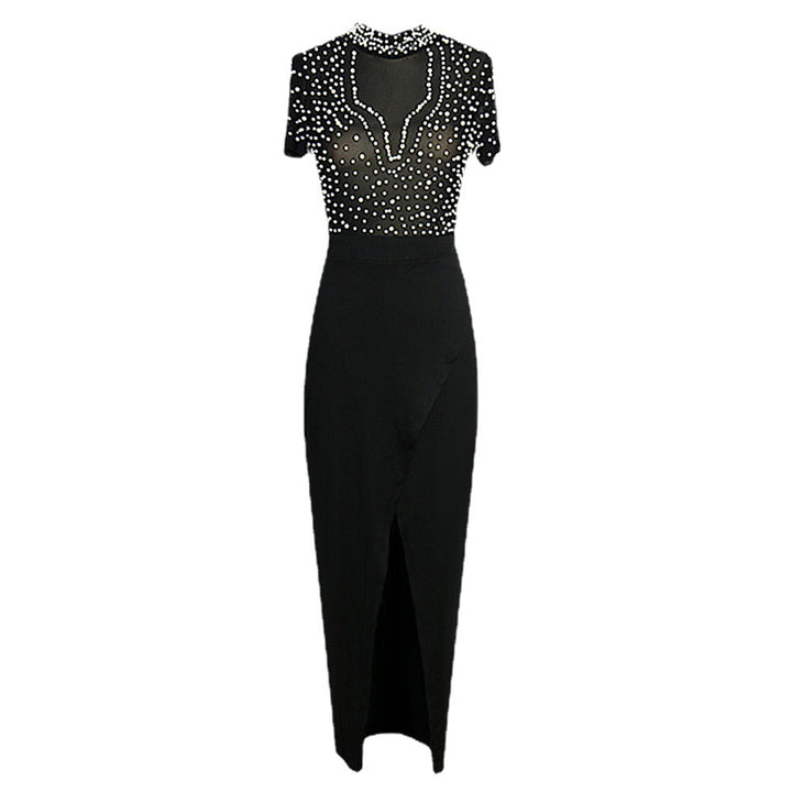 Ladies Elegant Dress with Transparent Puff Sleeves and Pearl Accents StylebySassy