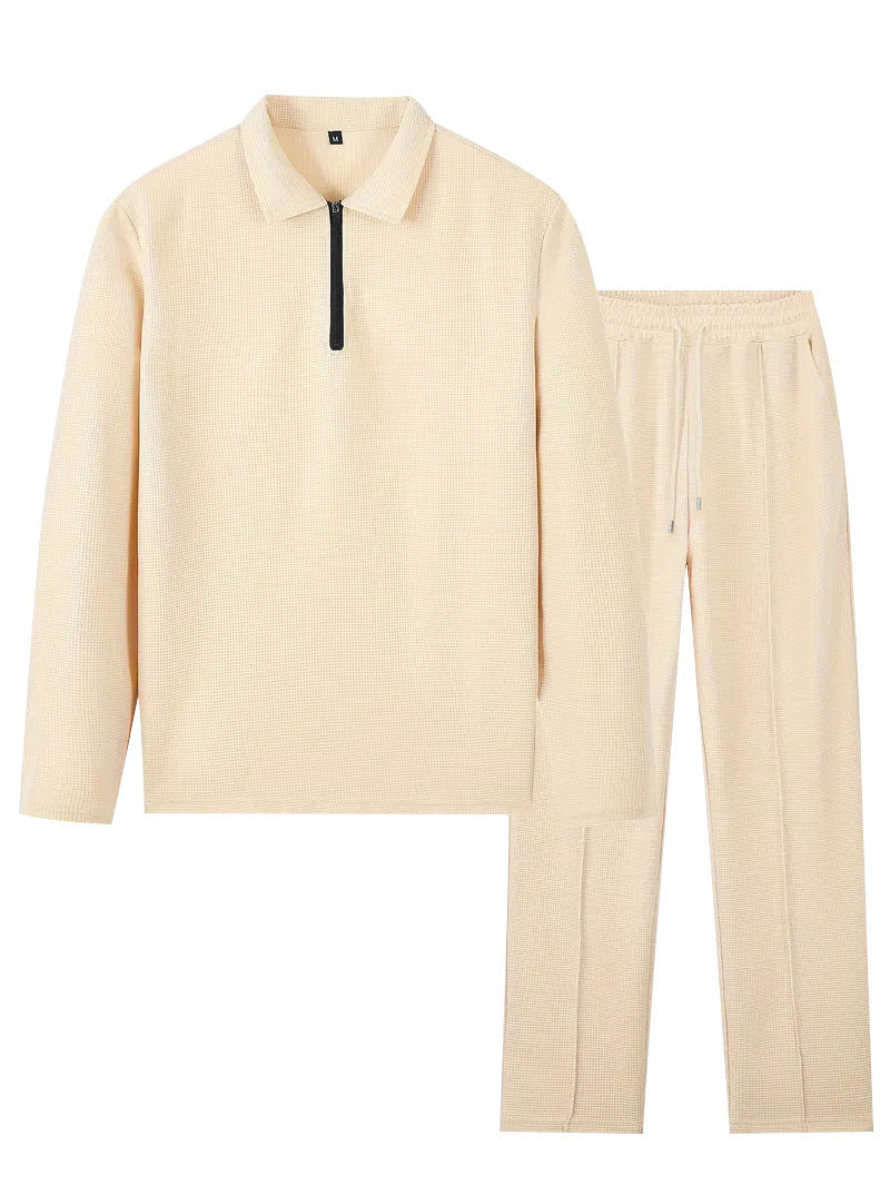 Unisex Nan Waffle Structure Leisure Set with Half-Zip Polo Shirt and Elastic Waist Pants StylebySassy