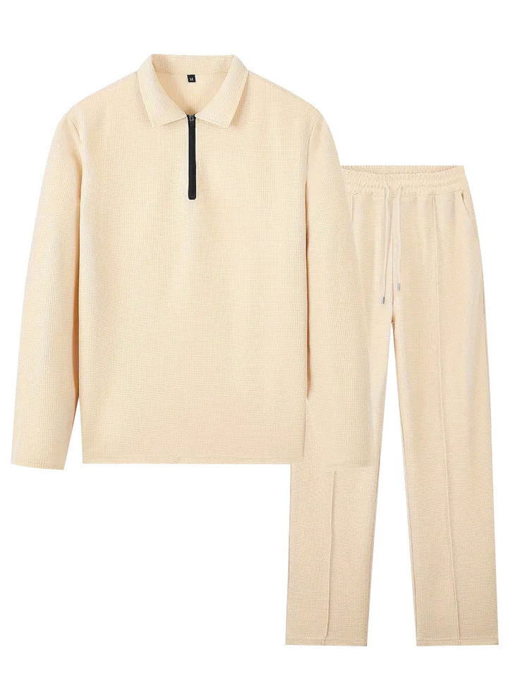 Unisex Nan Waffle Structure Leisure Set with Half-Zip Polo Shirt and Elastic Waist Pants StylebySassy
