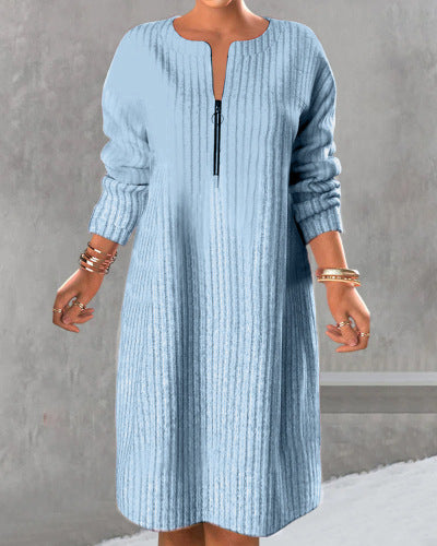 Women’s knitted ribbed tunic dress with half zip and casual A-line StylebySassy