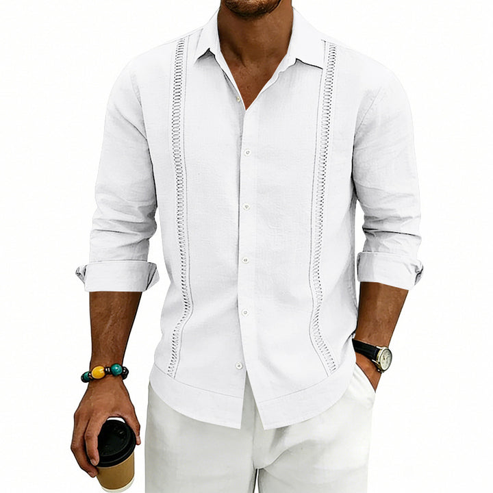 Men's casual linen blend shirt with vertical decorative stripes, Kent collar and relaxed fit StylebySassy