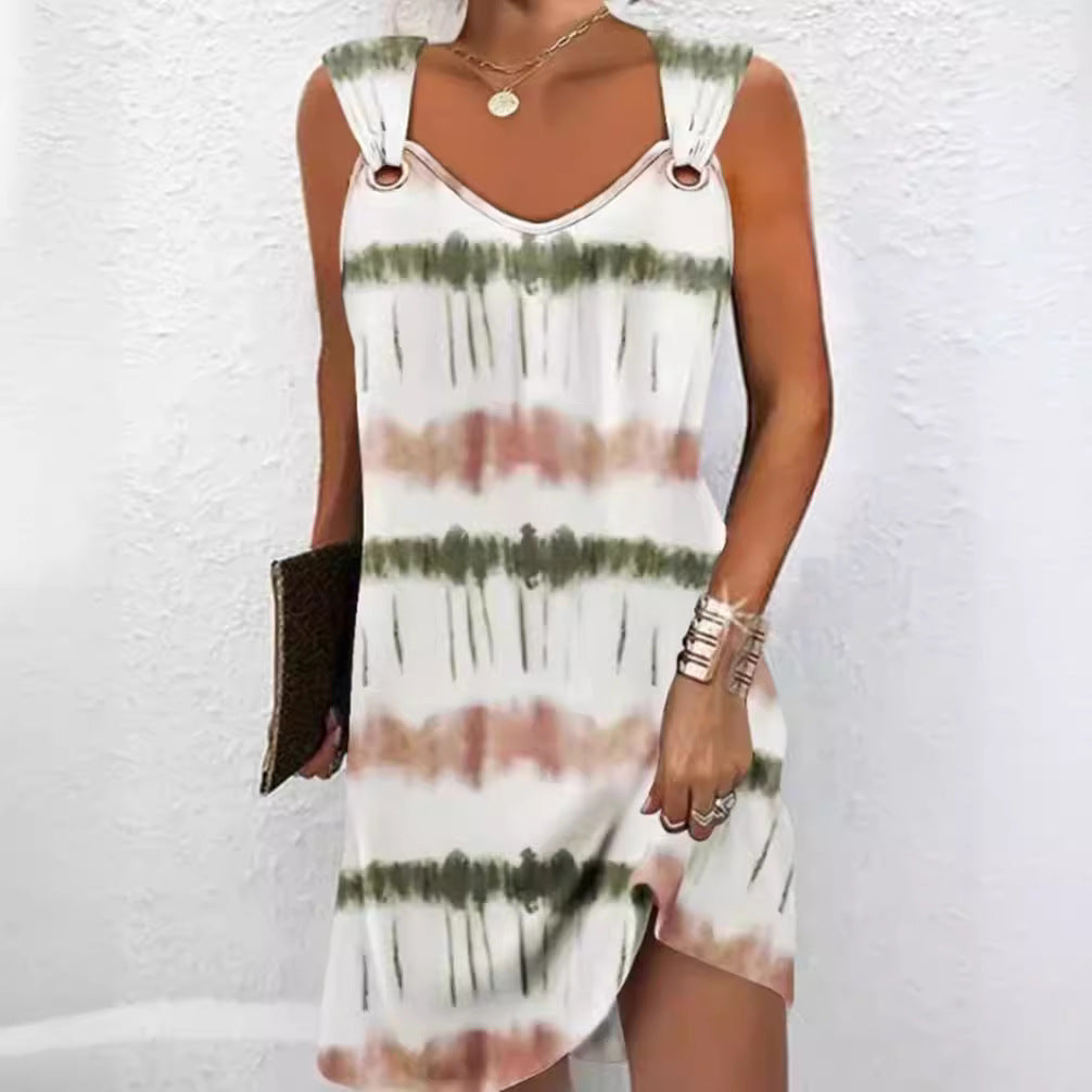 Women's sleeveless V-neck summer dress with decorative metal eyelets on wide straps and casual A-line silhouette StylebySassy