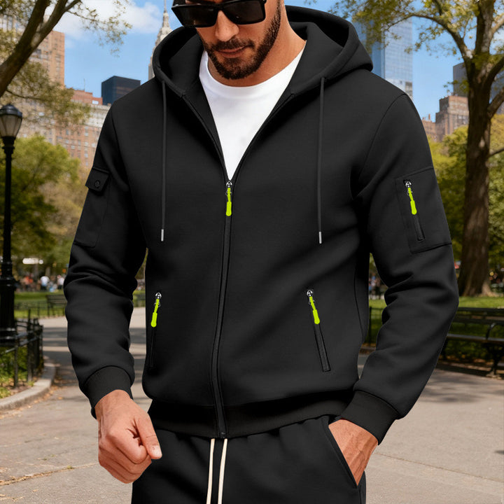 Men's hooded jacket with water-repellent zippers and multifunctional pockets StylebySassy
