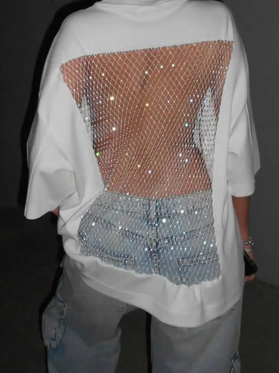 Women's oversized T-shirt with transparent mesh back, rhinestone embellishment and jeans print StylebySassy