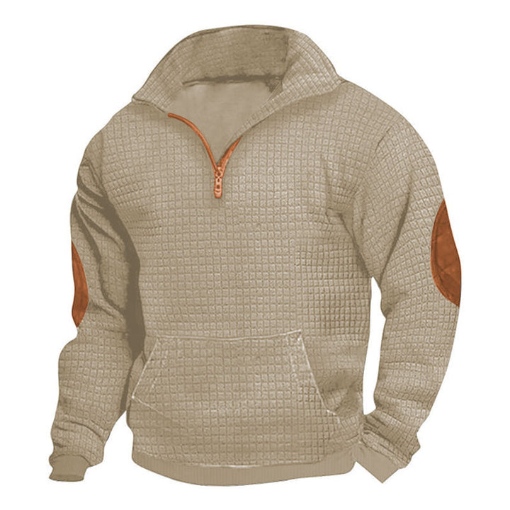 Men's structured half-zip pullover with kangaroo pocket and elbow patch StylebySassy