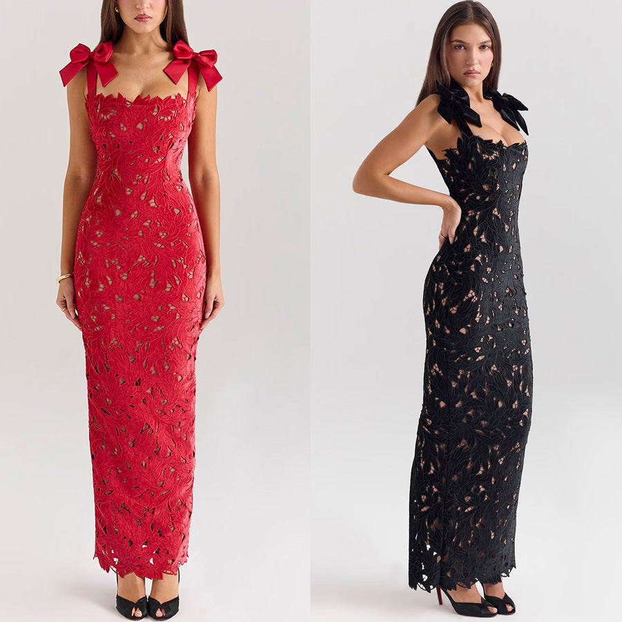 Women's form-fitting floor-length lace evening dress in column shape with decorative bow straps StylebySassy