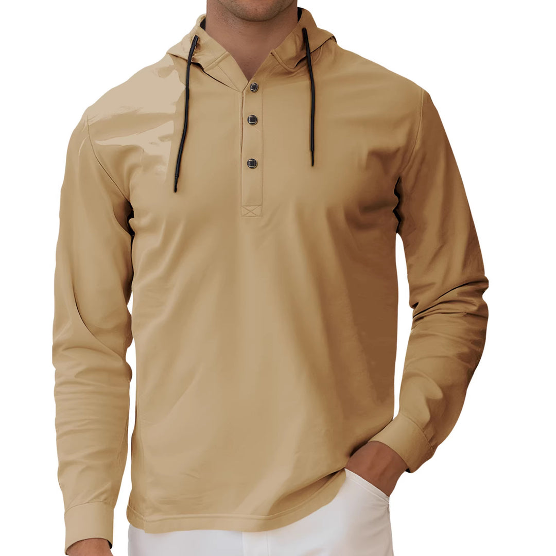 Men's Hooded Henley Long Sleeve Shirt made of lightweight stretch jersey with drawstring StylebySassy