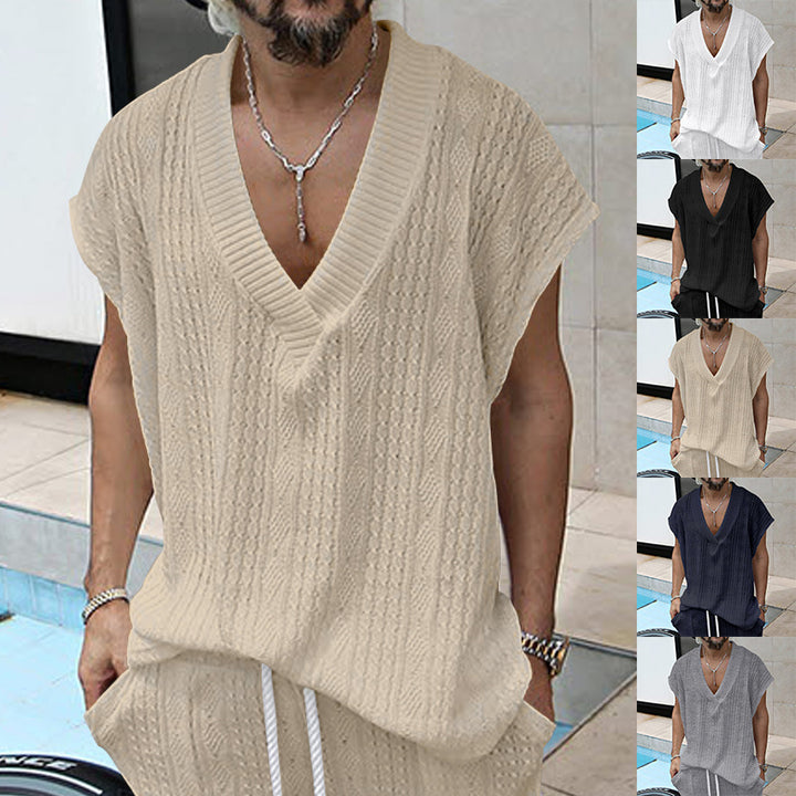 Men's knitted top made of coarse knit with deep V-neck and textured pattern StylebySassy