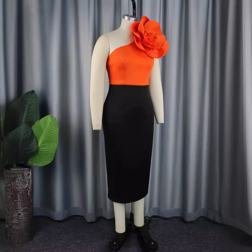 Women fitted dress with asymmetric floral accent StylebySassy