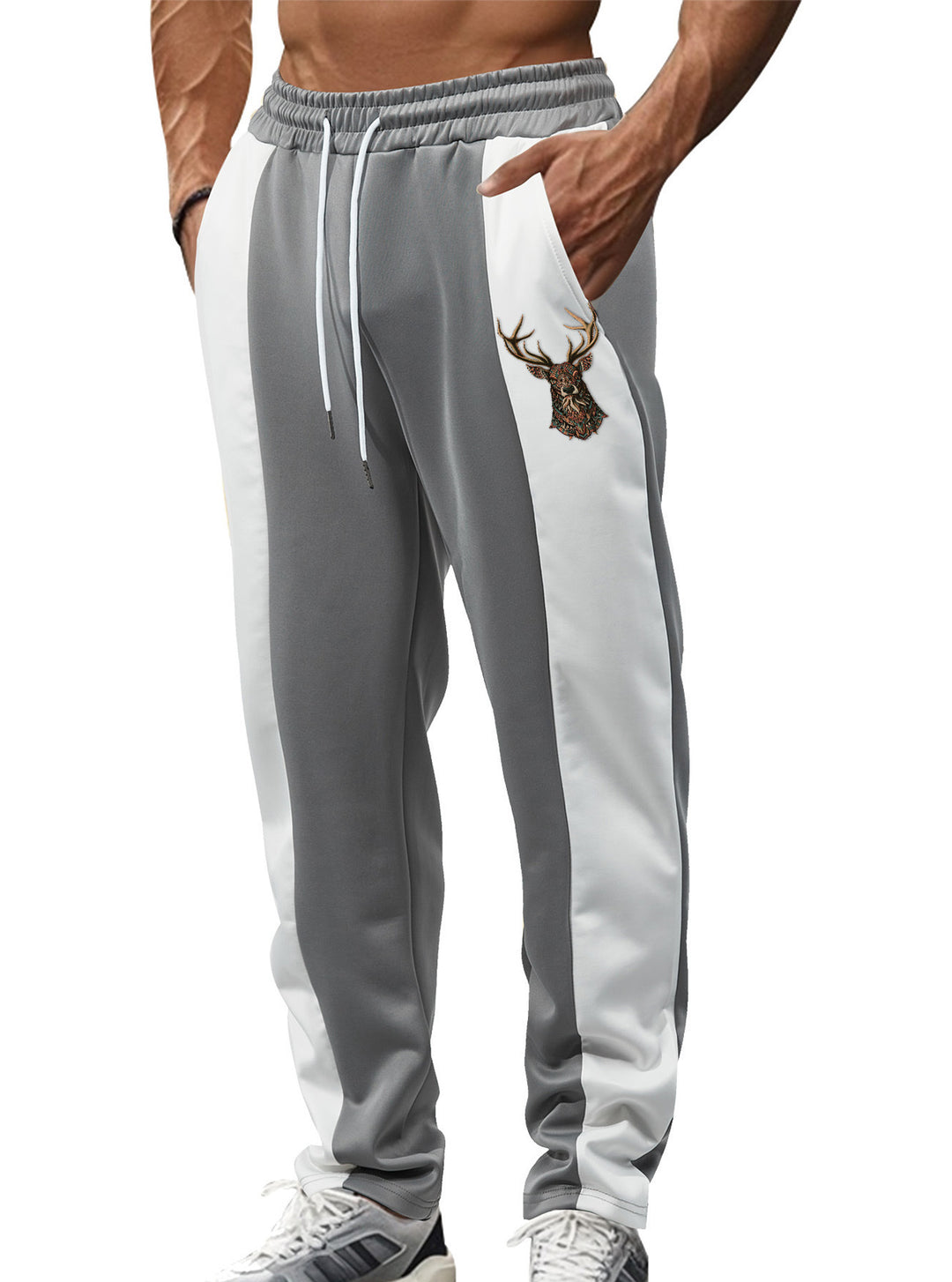 Men's sporty track pants with side contrast stripes, elastic waistband, drawstring, and deer embroidery StylebySassy