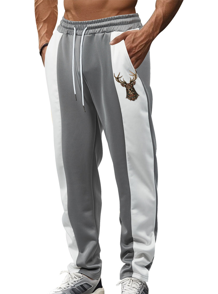 Men's sporty track pants with side contrast stripes, elastic waistband, drawstring, and deer embroidery StylebySassy