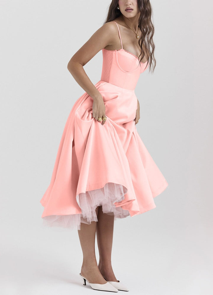 Women's tailored retro-inspired midi dress with corset underbust seams, flared skirt, and side pockets StylebySassy
