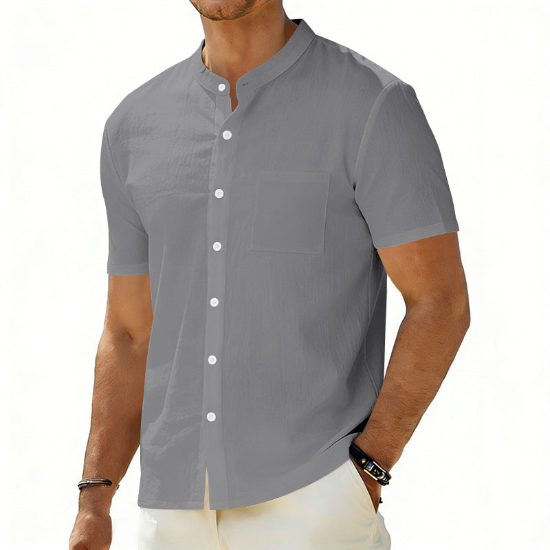 Men's short-sleeved linen shirt with stand-up collar and chest pocket StylebySassy