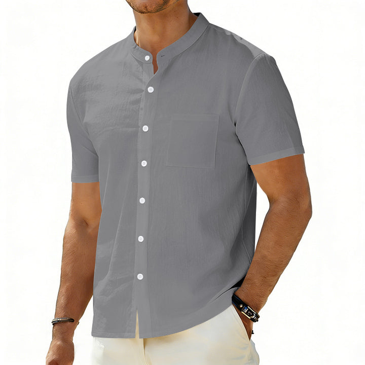 Men's short-sleeved linen shirt with stand-up collar and chest pocket StylebySassy