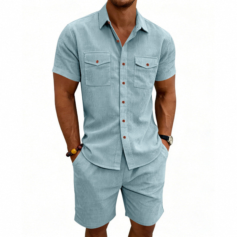 Men's structured cord leisure set with camp collar shirt and casual shorts StylebySassy