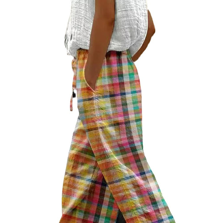 Women's checked linen trousers in palazzo cut with elastic tunnel drawstring waistband and rolled ankle hem StylebySassy