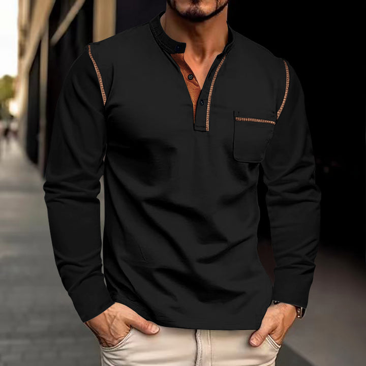 Men's nan legeres long sleeve henley shirt with stand-up collar, button placket, and chest pocket StylebySassy