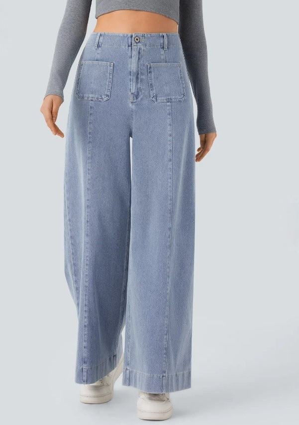 Ladies high-waisted jeans palazzo pants with wide legs and patch front pockets StylebySassy
