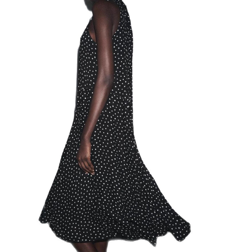 Women’s sleeveless high-neck midi dress with swinging flounce skirt and feminine A-line StylebySassy