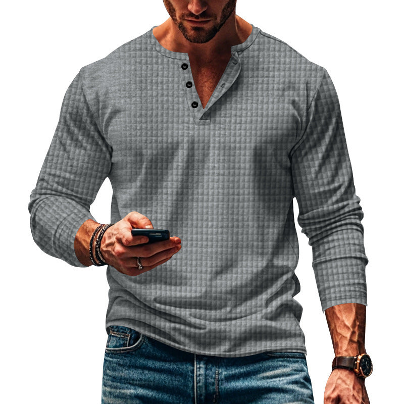 Men's fitted long-sleeve shirt with round neck button placket and waffle structure StylebySassy