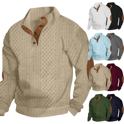 Men's chunky cable knit Troyer with button placket and suede elbow patches StylebySassy