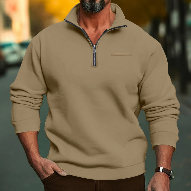 Men's high-quality sweatshirt with metal half-zip, reinforced stand-up collar, and discreet chest piping StylebySassy