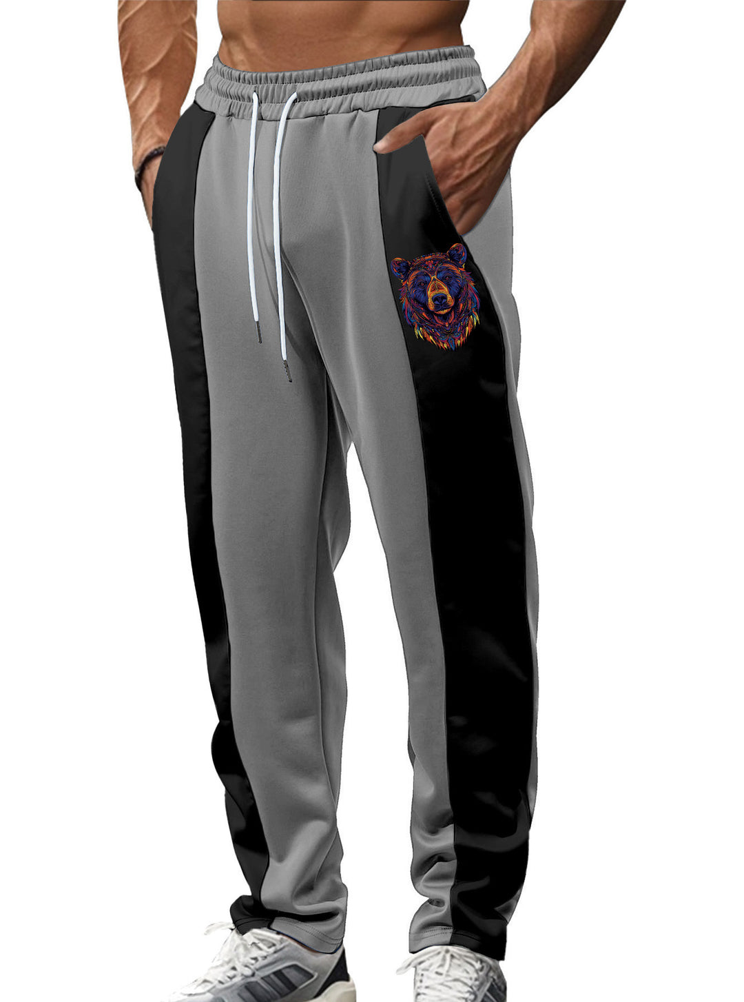 Men's sporty track pants with side contrast stripes, elastic waistband, drawstring, and deer embroidery StylebySassy