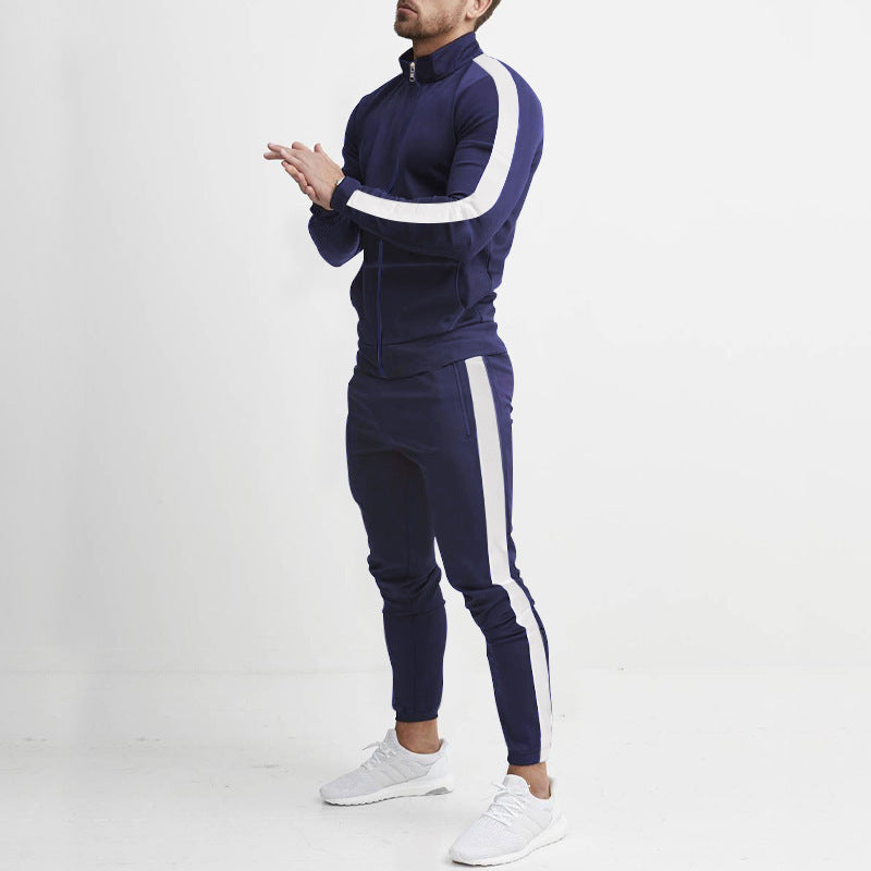 Men's fitted sports outfit with stand-up collar, full-length zip and tapered sports pants with side stripes StylebySassy