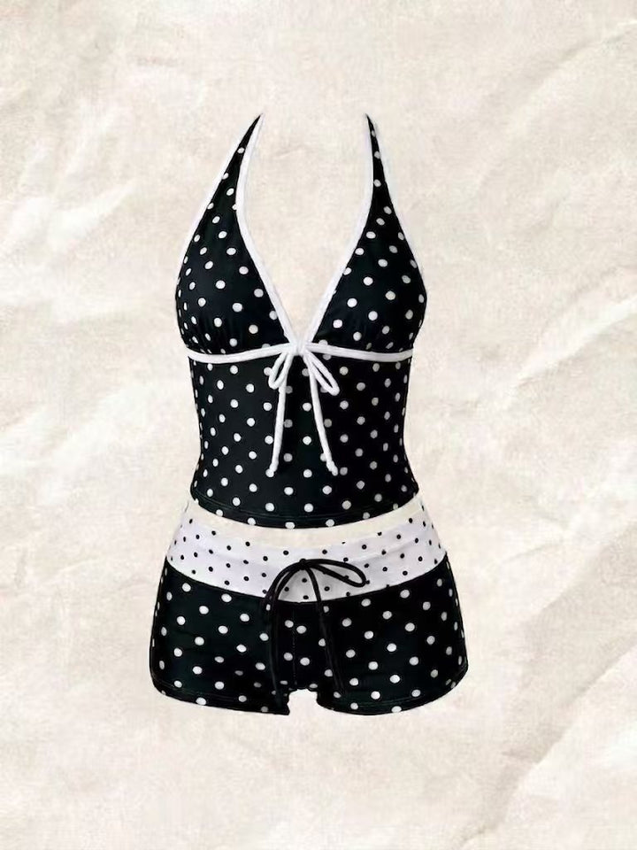 Women's tankini with fashionable polka dot pattern and adjustable halter StylebySassy