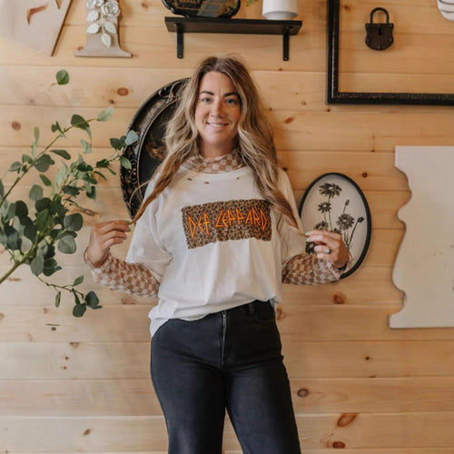 Women's casual layered t-shirt with retro band print, used look and checked mesh long sleeve top StylebySassy